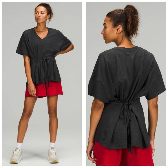 Lululemon Side Tie V-Neck T-Shirt Size 4 Heathered Black Oversized Workout - Picture 1 of 13